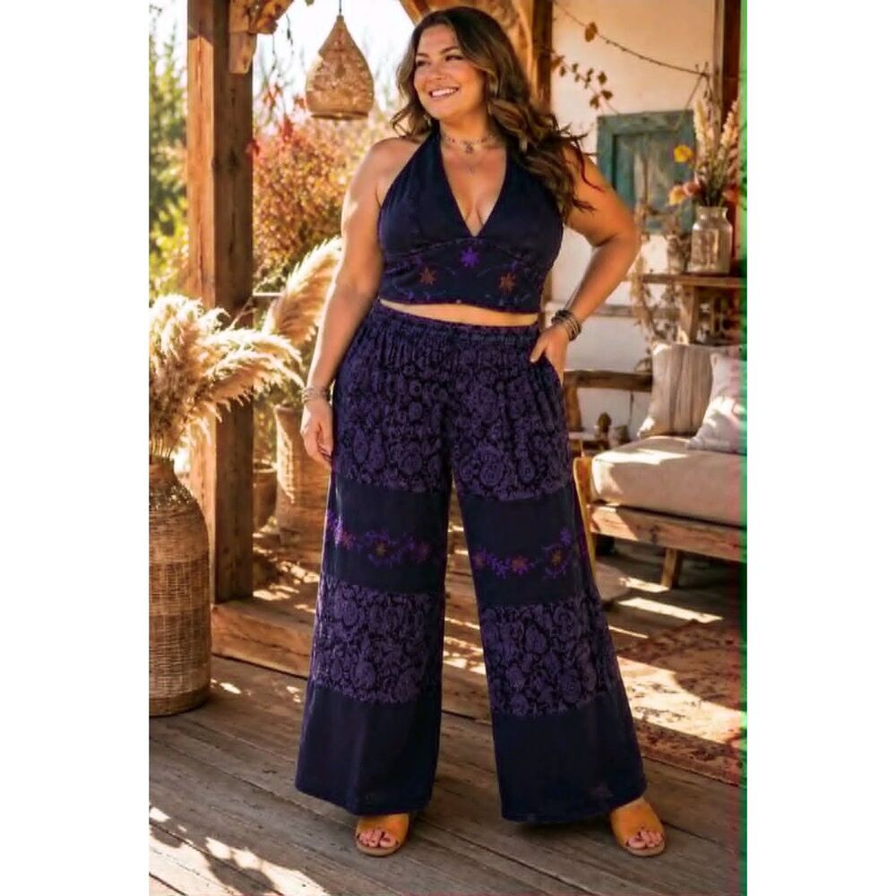 NWT 2-Piece Size 1X Karma Nepal Crafts Wide Leg Pant & Top